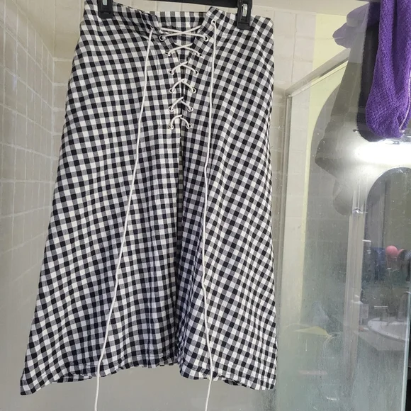 Eva Franco Lace-Up Black and White Gingham Midi Flare Skirt Medium - Picture 4 of 16